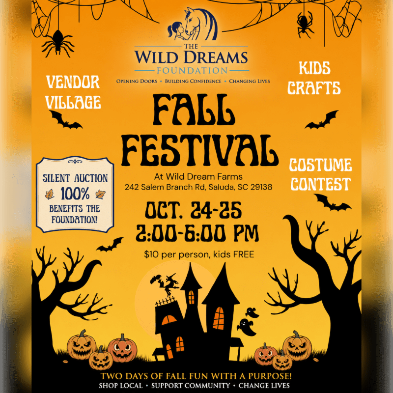 A spooky Halloween-themed flyer for the Wild Dreams Foundation Fall Festival features pumpkins and a haunted house in the foreground against an orange background with bats and spiders.