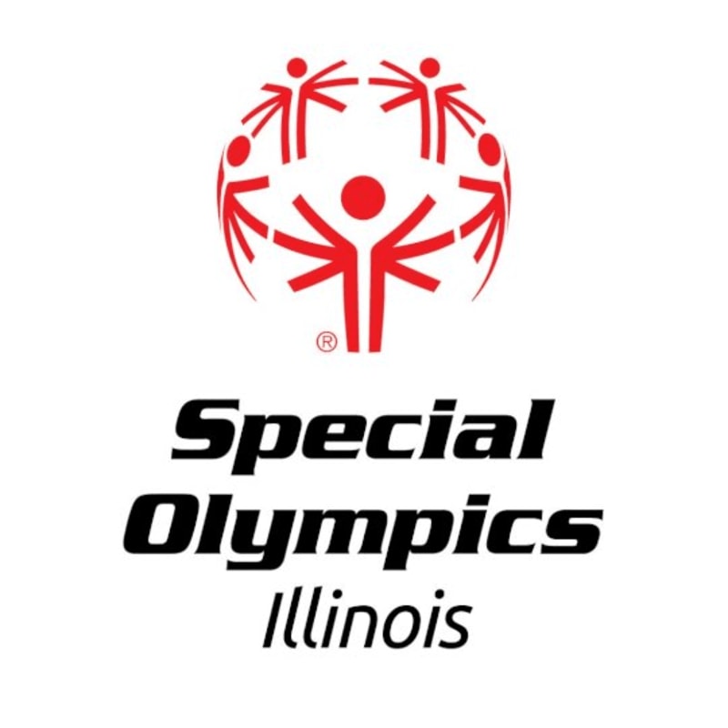 A red graphic of people forming a circle with outstretched arms is above the black text "Special Olympics Illinois" on a white background.