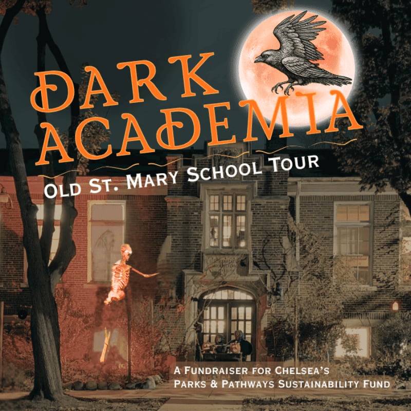 A spooky skeleton decoration stands in front of an old brick school building under a large, ominous moon with a crow silhouette.