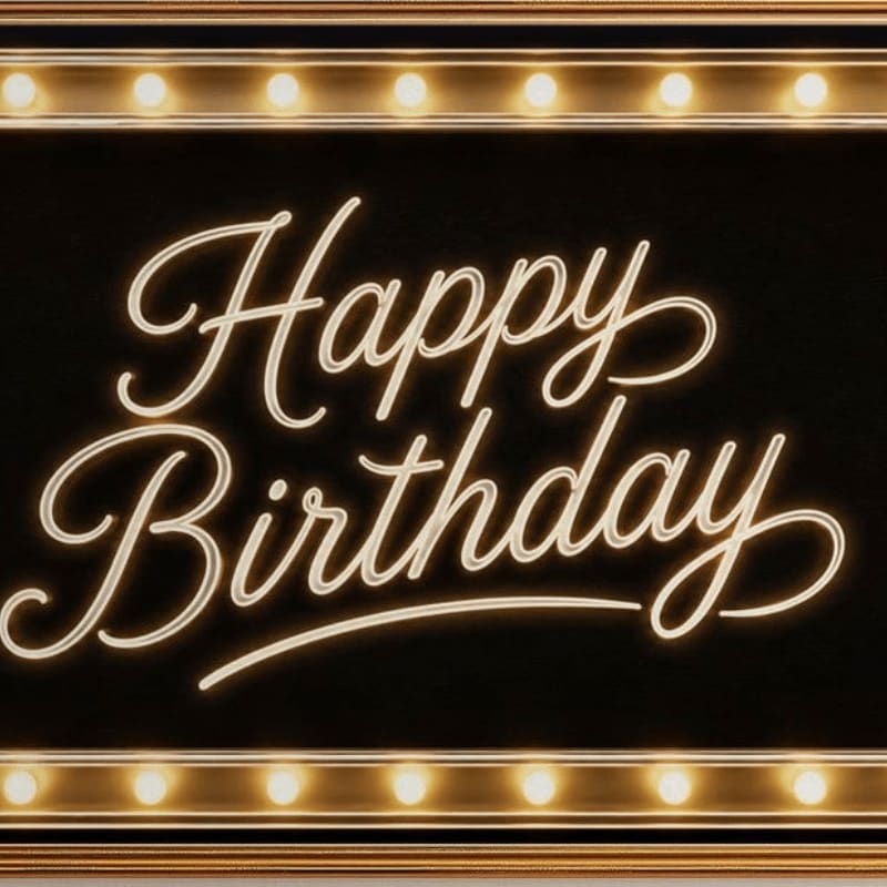 A neon "Happy Birthday" sign glows brightly against a dark background framed by illuminated bulbs.