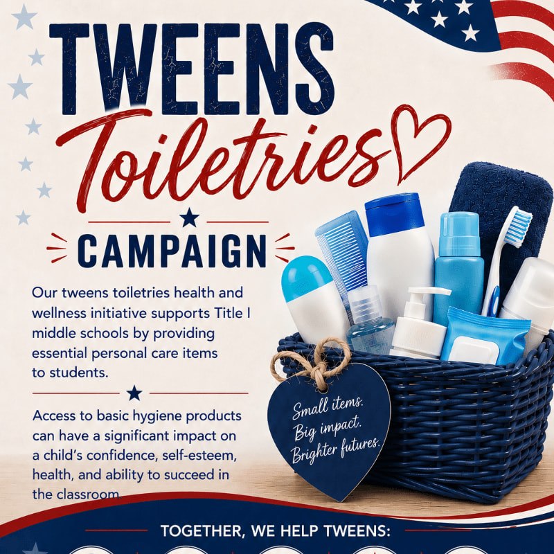 A basket overflowing with toiletries sits in the foreground, while a patriotic American flag design forms the background.