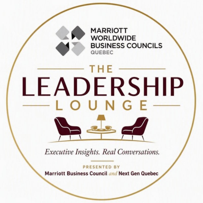 Two maroon armchairs flank a small table with a lamp and cups in the foreground, set against a circular background featuring the "Marriott Worldwide Business Councils Quebec" logo and "The Leadership Lounge" title.