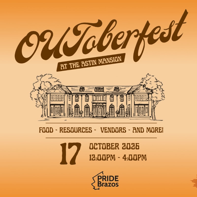 A sketch of Astin Mansion is centered on an orange background with "OUToberfest" in large brown script at the top, and event details below.