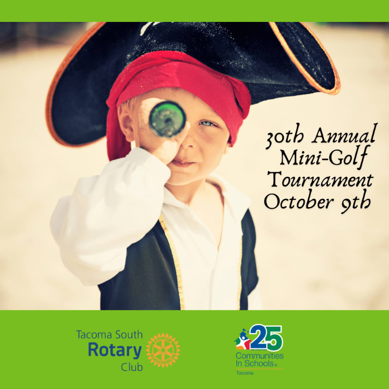 A young child dressed as a pirate peers through a spyglass in the foreground, with event details for the 30th Annual Mini-Golf Tournament on October 9th and sponsor logos in the background.