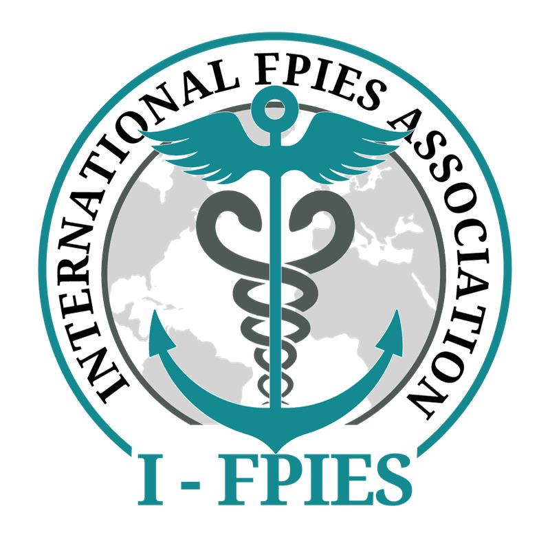 A teal caduceus and anchor are superimposed on a gray world map within a teal circle, with "INTERNATIONAL FPIES ASSOCIATION" written around the circle and "I - FPIES" below.