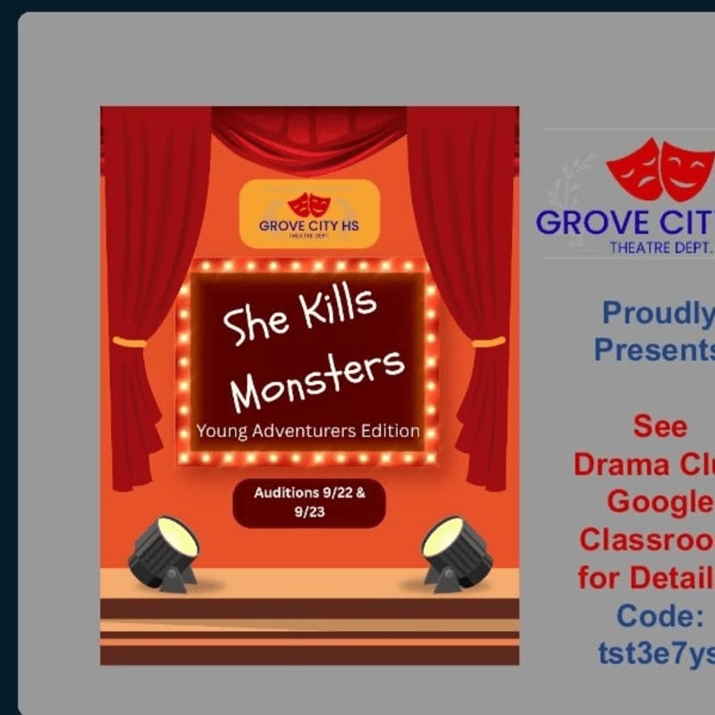 Red stage curtains frame a marquee advertising "She Kills Monsters: Young Adventurers Edition" auditions, with spotlights on the floor and a grey background with theatre department information.