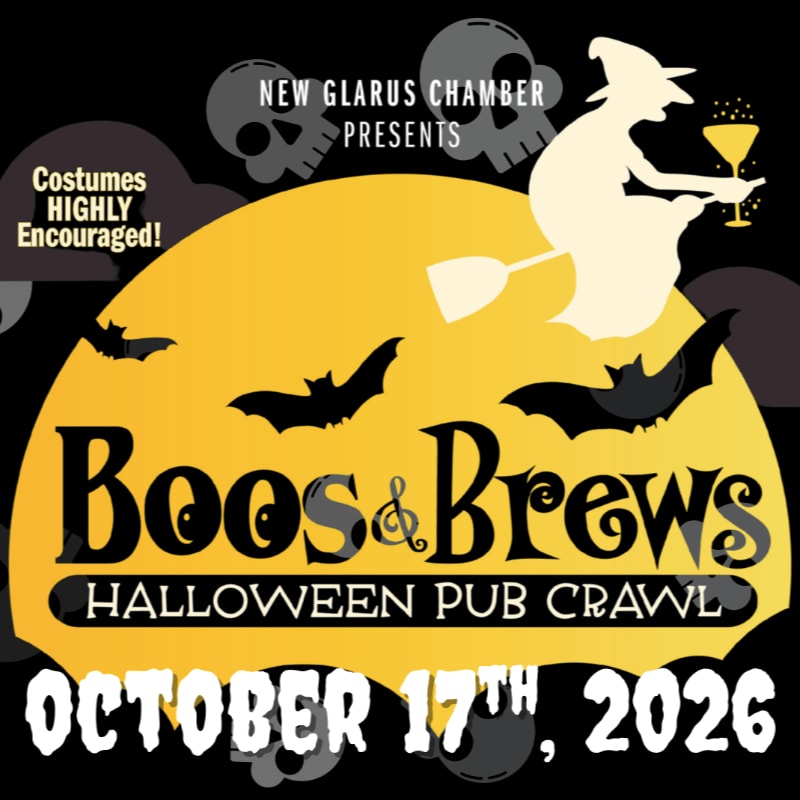 A witch on a broomstick flies across a large yellow moon with bats and skulls in the dark background, advertising a "Boos & Brews Halloween Pub Crawl" on October 17th, 2026.