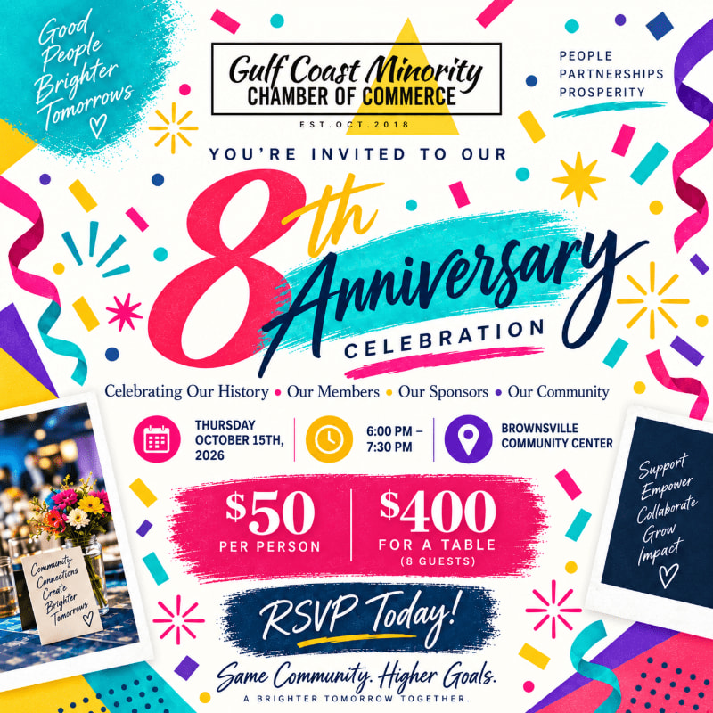 A vibrant invitation for the Gulf Coast Minority Chamber of Commerce's 8th Anniversary Celebration features confetti and celebratory graphics in the background, with event details and pricing prominently displayed in the foreground.