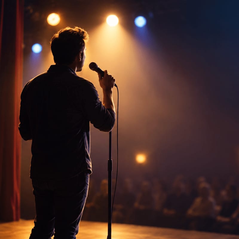 A man stands on a stage holding a microphone, with a blurred audience in the dimly lit background.