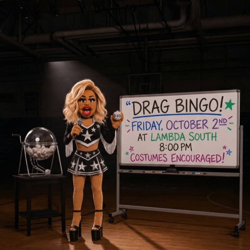 A drag queen in a star-spangled outfit stands by a bingo cage and a whiteboard announcing "Drag Bingo!" in a gymnasium.