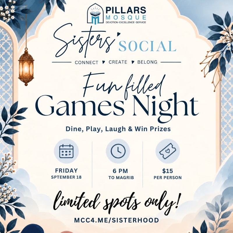 A flyer for a "Sisters' Social Fun-filled Games Night" at Pillars Mosque features decorative blue floral borders and a hanging lantern in the foreground, with event details like date, time, and cost clearly displayed against a textured background.