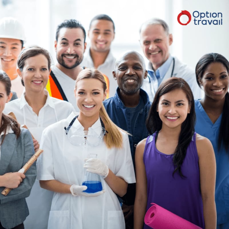 A diverse group of smiling professionals, including a scientist holding a beaker, a construction worker, and a doctor, stand together in front of a bright, blurred background with a company logo.