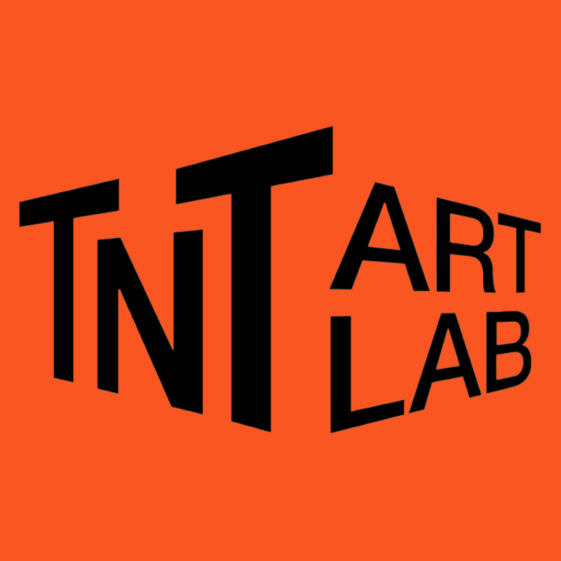 Black, stylized text spelling "TNT ART LAB" appears in the foreground against a vibrant orange background.