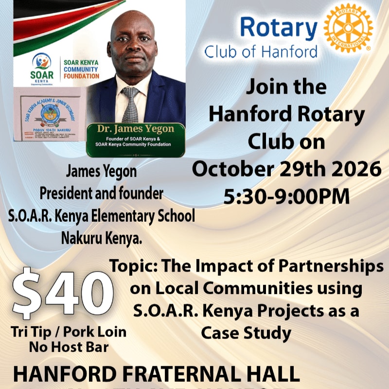 A portrait of Dr. James Yegon is featured in the foreground, with the Hanford Rotary Club logo and event details in the background.