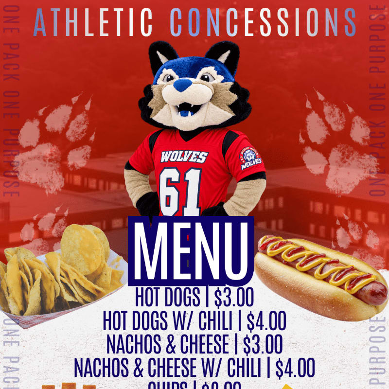 A wolf mascot stands behind a menu board with hot dogs and nachos in the foreground, set against a blurred background of stadium lights and paw prints.