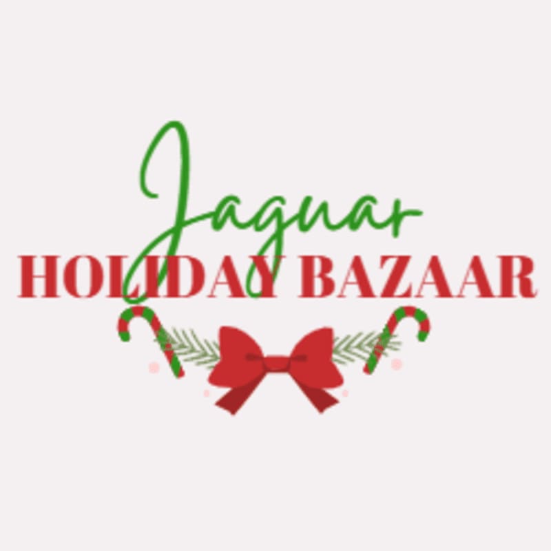A red bow with candy canes and pine sprigs frames the text "Jaguar Holiday Bazaar" in green and red lettering against a white background.
