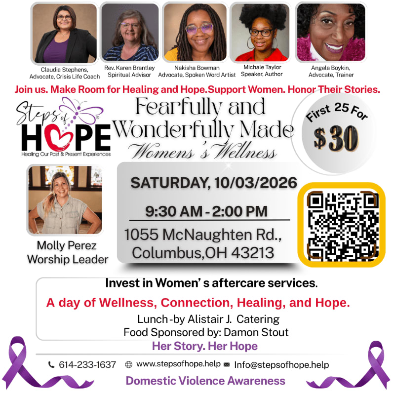 A flyer for a women's wellness event titled "Fearfully and Wonderfully Made" is displayed, featuring speaker headshots at the top and event details in the center.