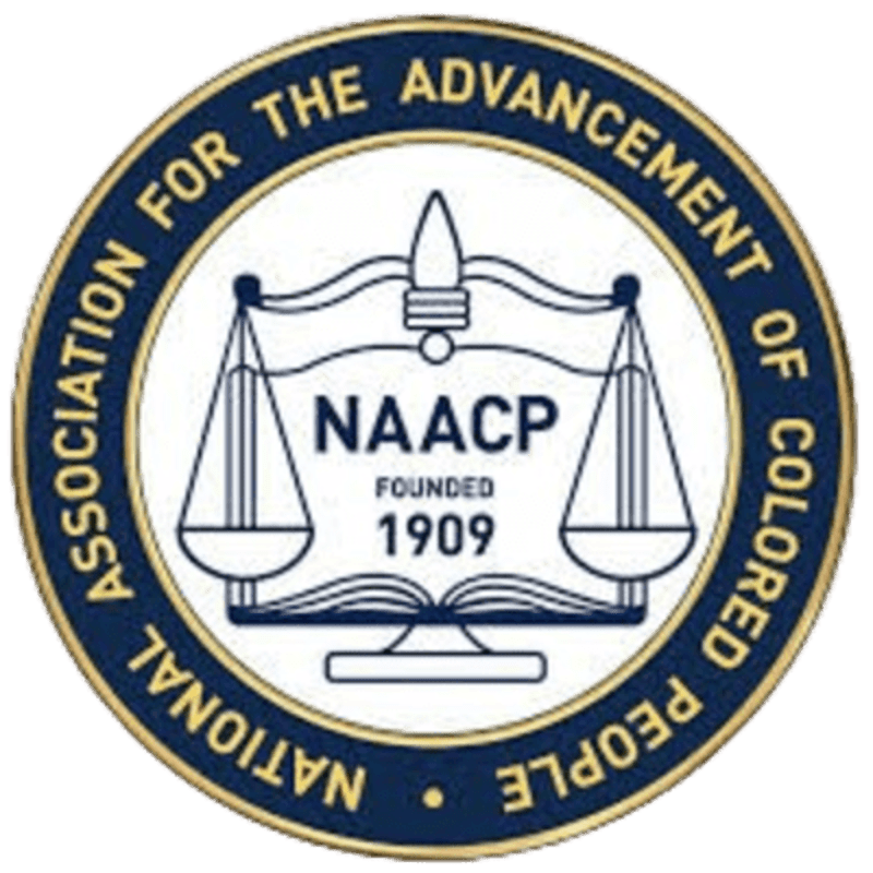 A circular emblem with the NAACP logo, featuring scales of justice and the text "National Association for the Advancement of Colored People," is set against a plain white background.