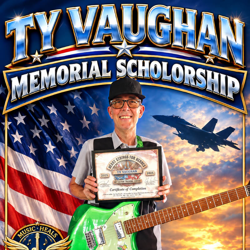 A man in the foreground holds a certificate and a green electric guitar, with an American flag and a fighter jet in the background.