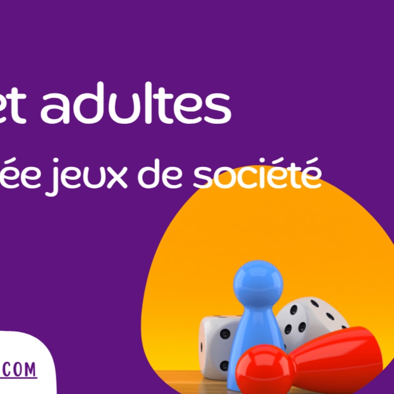 A blue pawn and red ball sit in front of dice and a red game piece, all against a purple background with text and an orange circle.