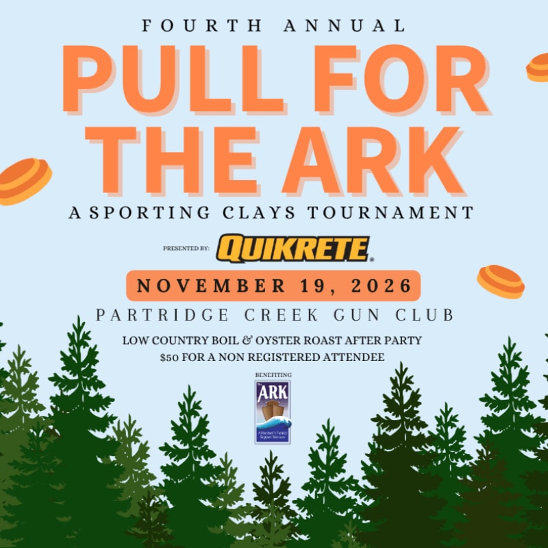 Orange clay targets fly over a dark green forest in front of a light blue background advertising the "Fourth Annual Pull for the Ark" sporting clays tournament.