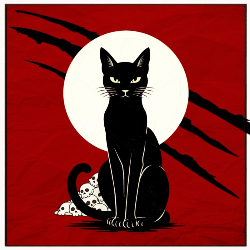 A black cat sits regally in front of a full moon, with a pile of skulls at its feet and claw marks streaking across the red background.