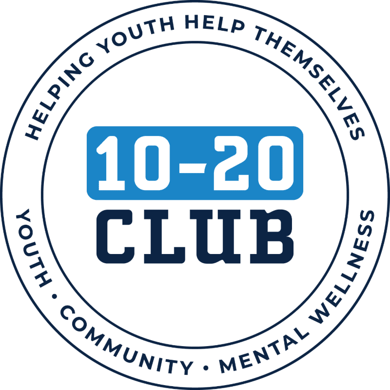 A circular logo with the text "10-20 CLUB" in the center, surrounded by the words "HELPING YOUTH HELP THEMSELVES YOUTH COMMUNITY MENTAL WELLNESS" in a ring.
