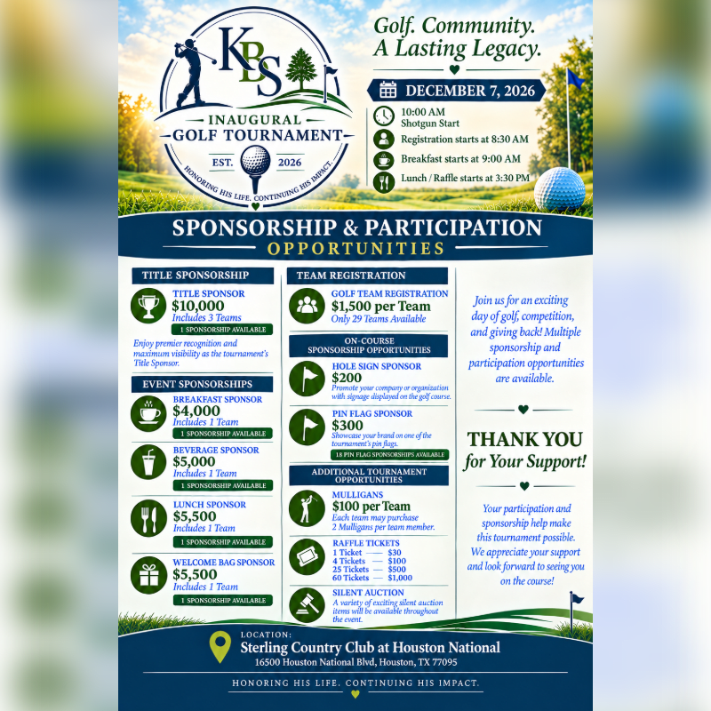 In the foreground, a flyer details sponsorship and participation opportunities for a golf tournament, while the background features a blurred image of a golf course with a blue and white golf ball.