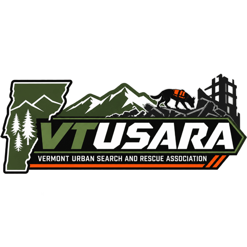 A logo featuring the Vermont outline with trees in the foreground, and mountains, a dog with a pack, and a building in the background, all surrounding the text "VTUSARA".