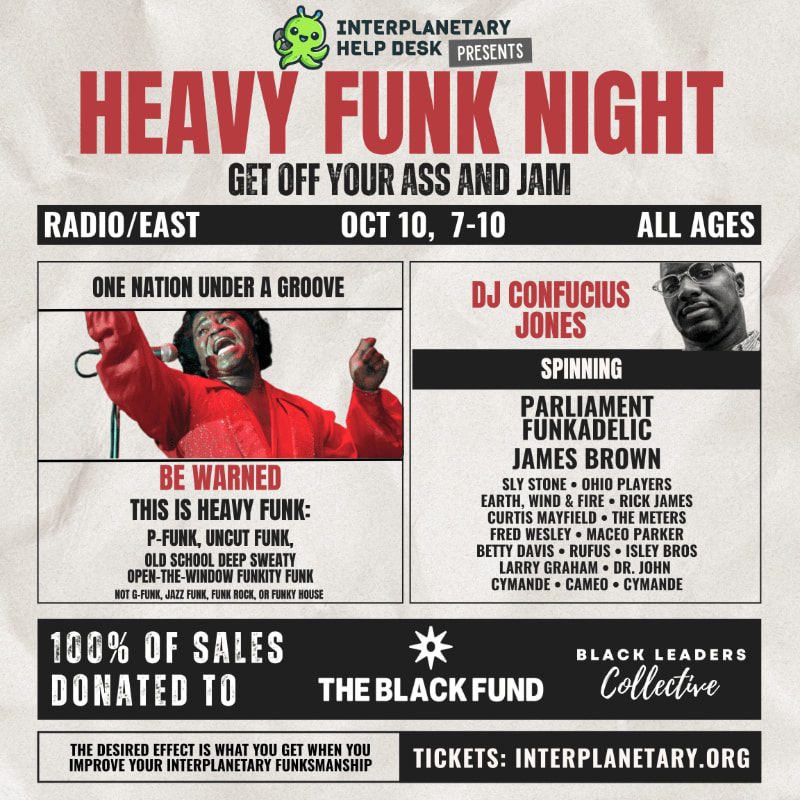 A vibrant poster for "Heavy Funk Night" features a dynamic image of a performer in the foreground and a list of artists and event details in the background.