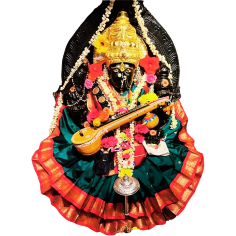 A dark-skinned deity adorned with flowers and jewelry holds a veena in the foreground, set against a black, fan-like backdrop.