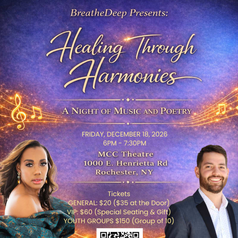 A woman and a man are featured in the foreground against a background of musical notes and shimmering lights advertising "Healing Through Harmonies."