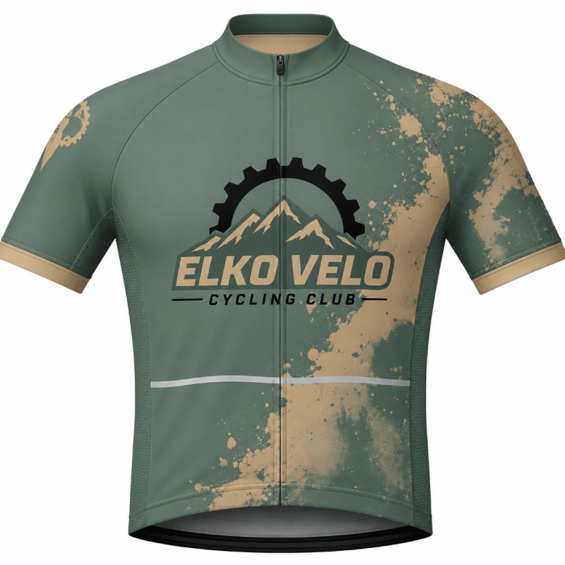 A green cycling jersey with a mountain and gear logo on the front and a splattered tan design on the right side is displayed against a white background.