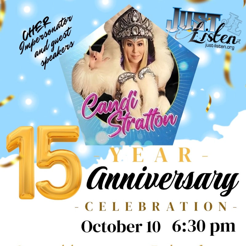 Golden balloons and confetti frame a Cher impersonator in a lavish costume against a sky-blue background with event details for a 15-year anniversary celebration.
