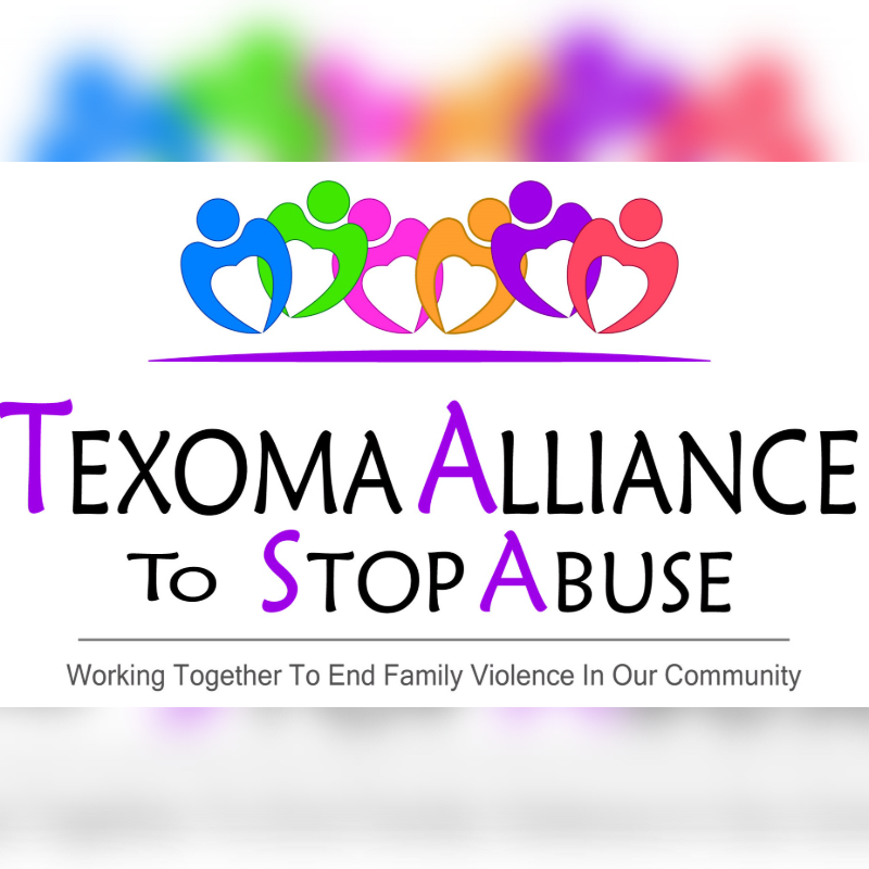 Colorful figures form a heart shape above the text "TEXOMA ALLIANCE TO STOP ABUSE" with a blurred, vibrant background.