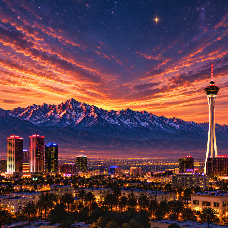 A vibrant cityscape with illuminated buildings and palm trees in the foreground is set against a dramatic sunset sky with snow-capped mountains in the background.