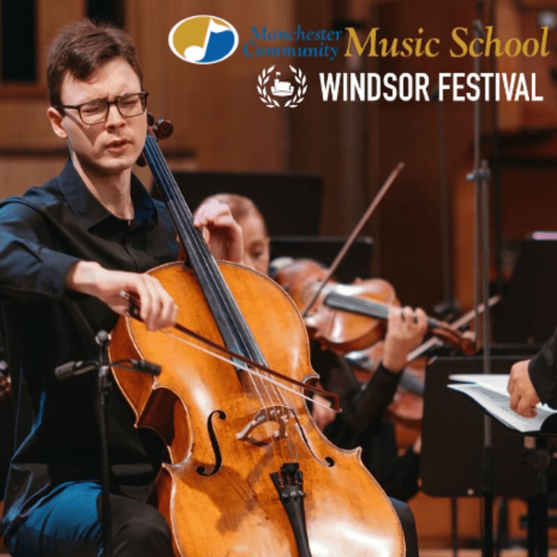 A young man plays the cello in the foreground while other musicians perform in the blurred background, with a "Manchester Community Music School Windsor Festival" logo at the top.
