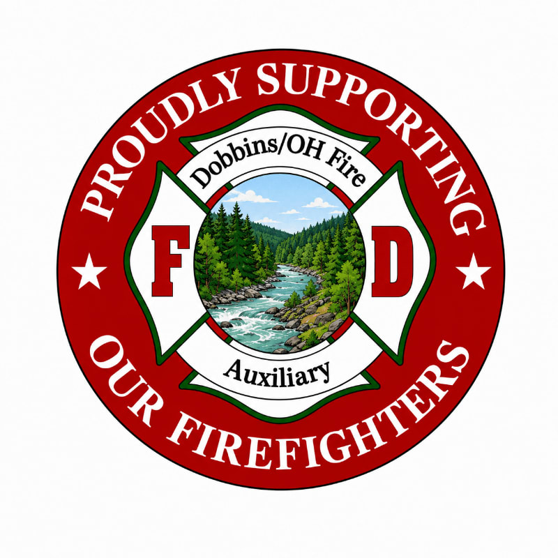 A circular emblem with "PROUDLY SUPPORTING OUR FIREFIGHTERS" in red text on a white background, featuring a scenic river and forest landscape in the center, surrounded by a Maltese cross design.