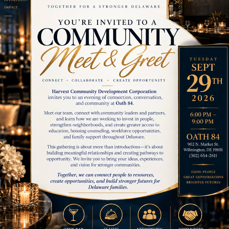 A community meet and greet invitation is displayed with a blurred background of a dimly lit event space and a foreground featuring decorative elements like a candle and flowers.