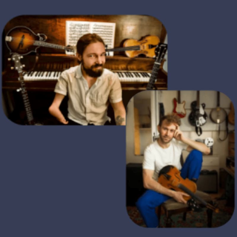 A man with a beard sits at a piano with guitars in the background in the top image, while another man sits holding a violin in a room with guitars on the wall in the bottom image.