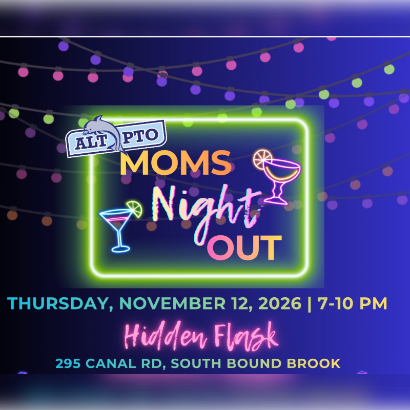 A neon green sign with "MOMS Night OUT" in cursive is centered on a dark blue background with string lights above, advertising an event on Thursday, November 12, 2026, from 7-10 PM at Hidden Flask, 295 Canal Rd, South Bound Brook.