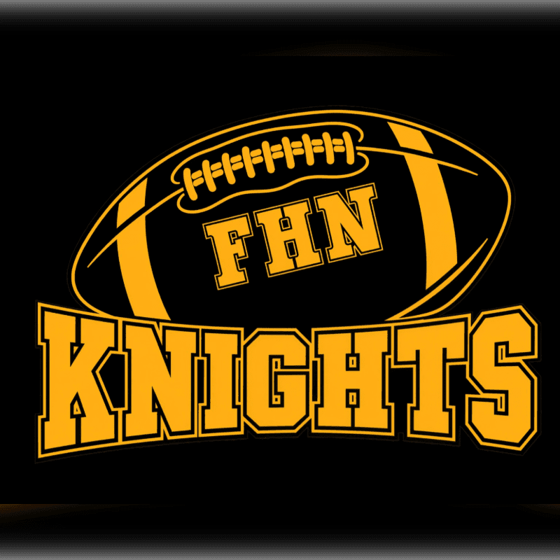 A yellow football with "FHN" inside is superimposed over the word "KNIGHTS" in large yellow letters, all against a black background.