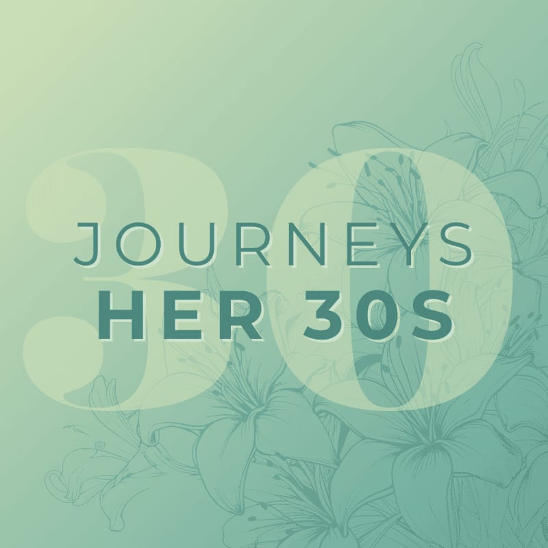 Large, translucent numbers "30" overlay text that reads "JOURNEYS HER 30S" in the foreground, with a soft, faded floral pattern in the background.