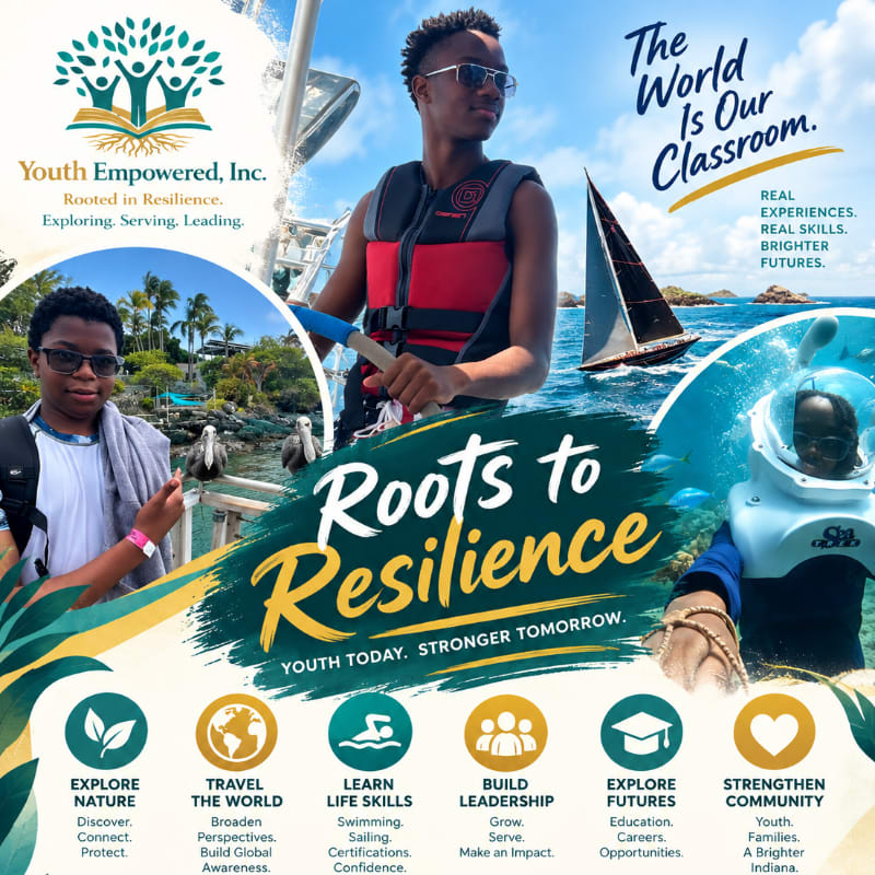 In the foreground, young people are engaged in outdoor activities like sailing and exploring, while the background features a sailboat on the water and text promoting "Youth Empowered, Inc." and "Roots to Resilience."