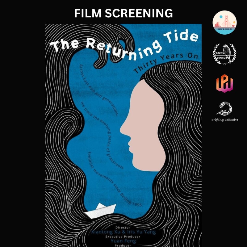 A minimalist poster for "The Returning Tide" features a profile of a woman's face emerging from dark, wavy lines, with a small paper boat sailing on a blue background in the foreground.