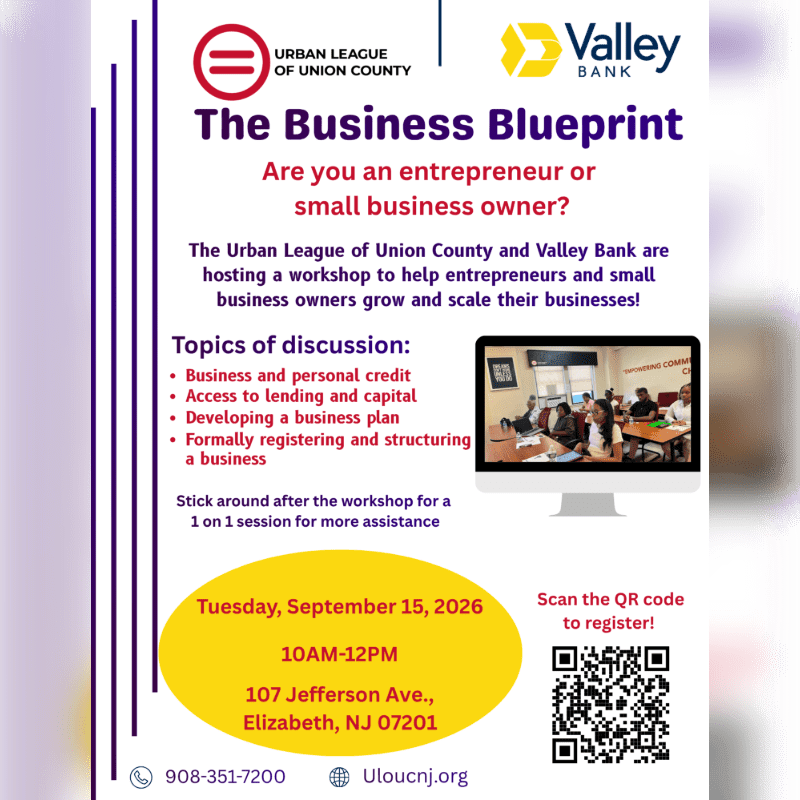 A flyer for "The Business Blueprint" workshop, hosted by the Urban League of Union County and Valley Bank, features event details in the foreground and a computer screen displaying a group meeting in the background.
