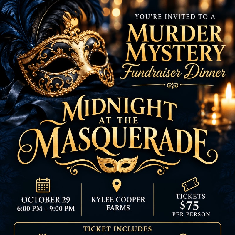 A gilded masquerade mask with dark feathers rests in the foreground, while the background features warm candlelight and text announcing a "Murder Mystery Fundraiser Dinner."