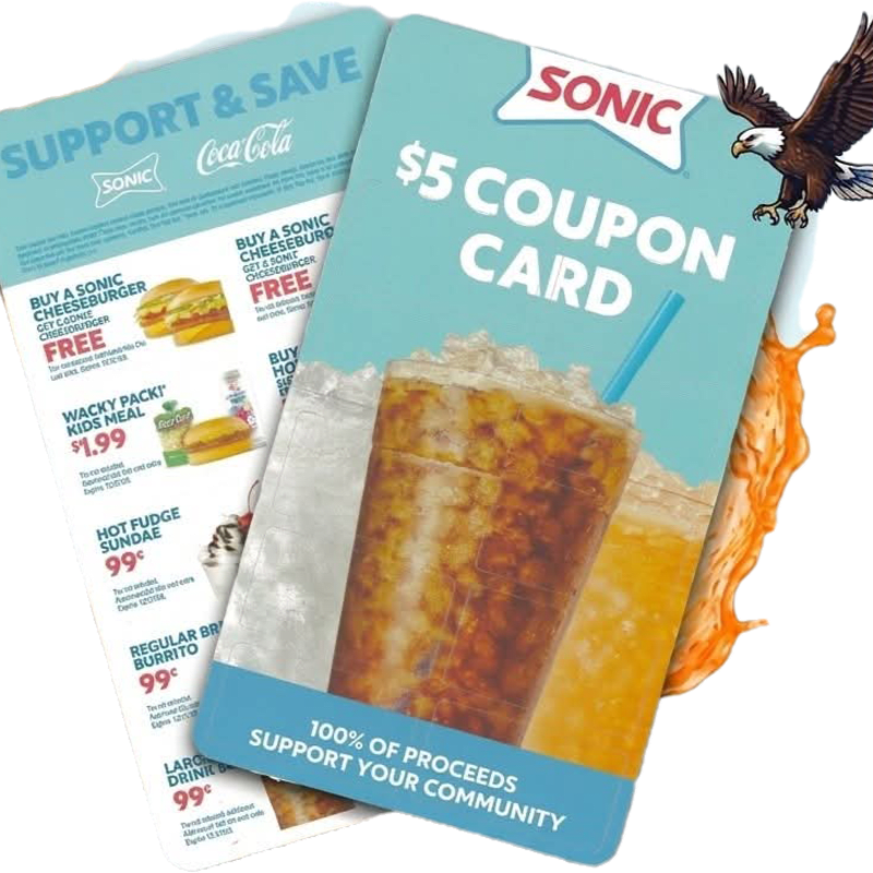 A Sonic $5 coupon card featuring a large drink and an eagle in the background is shown next to a flyer with various food deals.