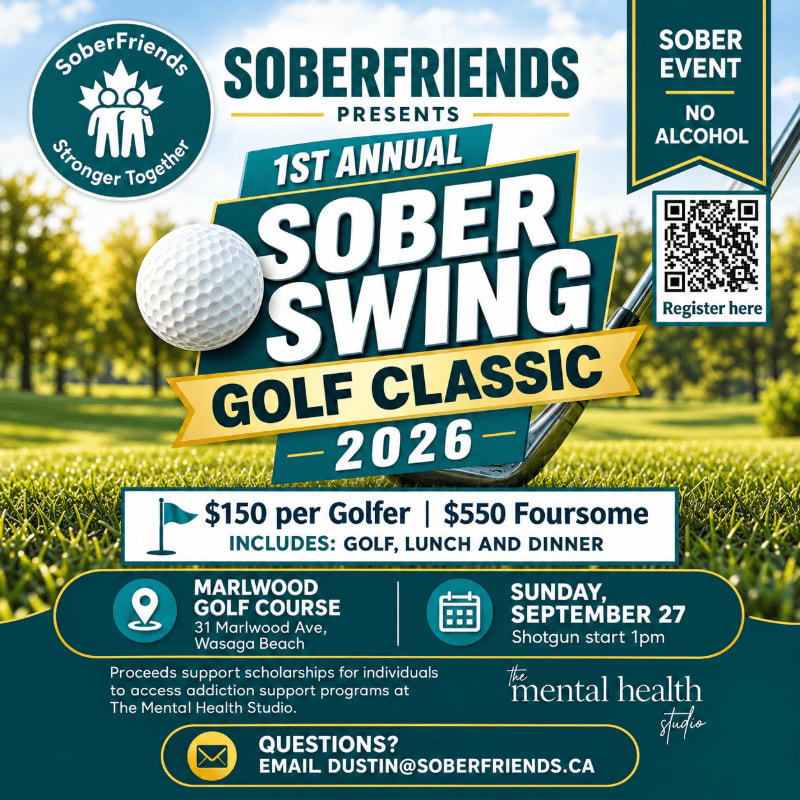 A golf ball rests on lush green grass in the foreground, with a banner announcing the "Sober Swing Golf Classic 2026" superimposed over a blurred background of a golf course.