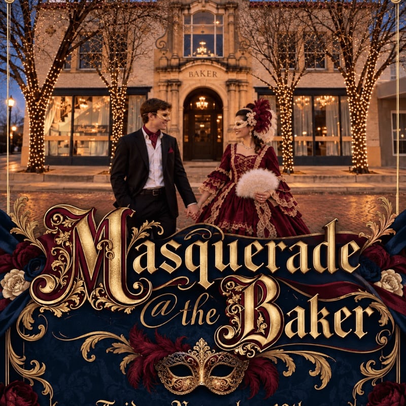 A couple in masquerade attire stands hand-in-hand in front of a warmly lit building adorned with festive lights, with ornate text overlaying the scene.